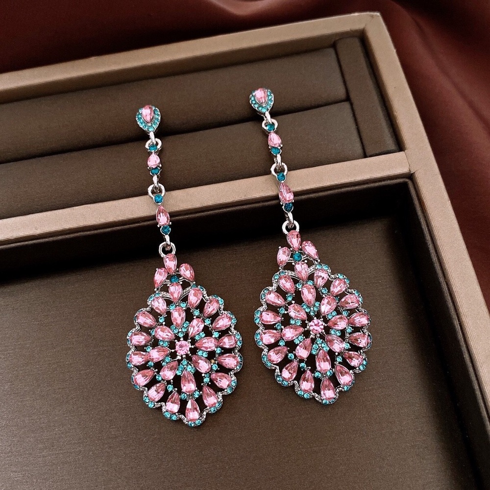 Pink Crystal Teardrop Statement Earrings
